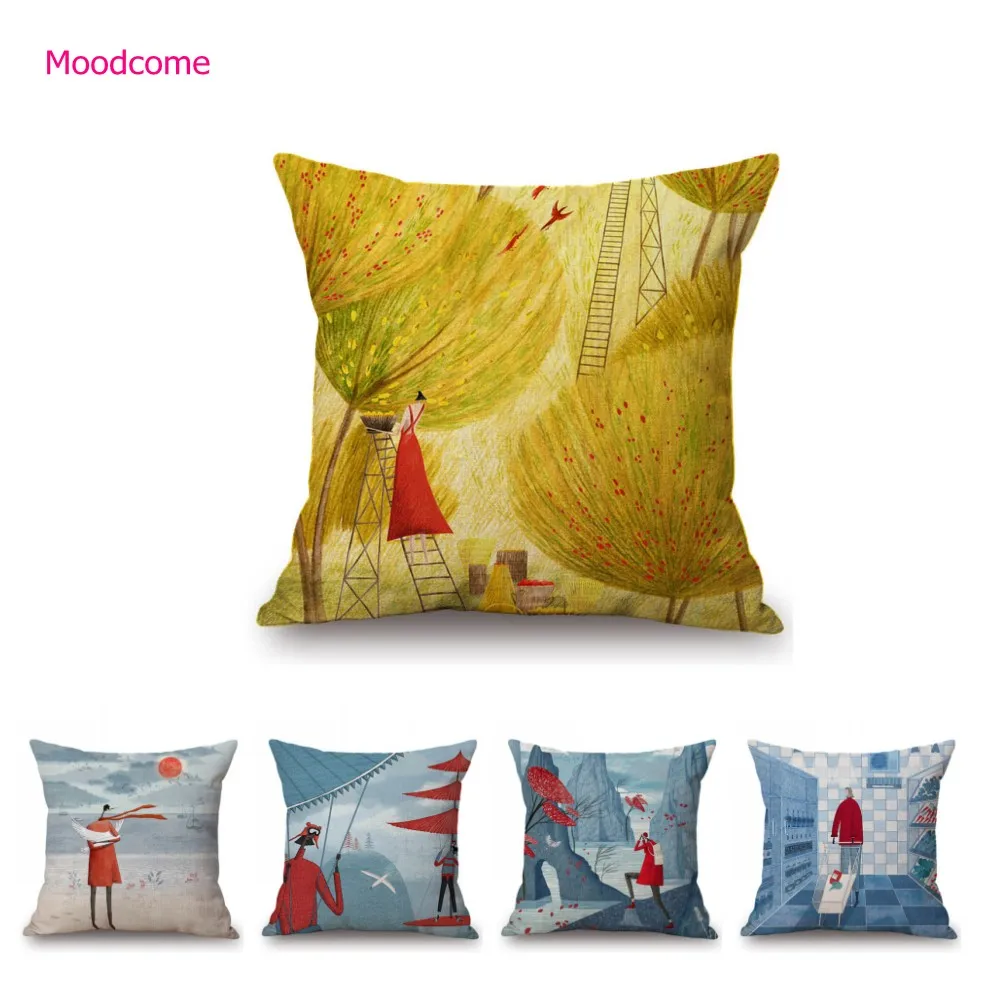 Cozy Cartoon Surrealism Illustration Modern Art Home Decoration Nordic Cotton Linen Sofa Throw Pillow Case Cushion Cover Case