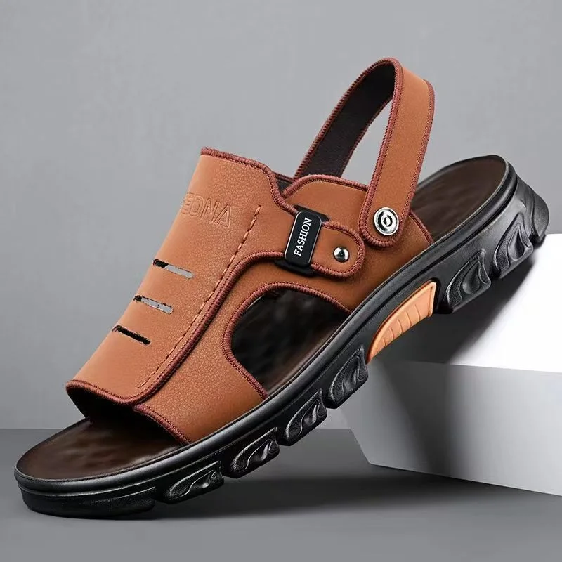 Men's Shoes New Fashion Breathable Casual Comfortable Sports Outdoor Leather Slip-On Thick Sole Casual Walking Sandals