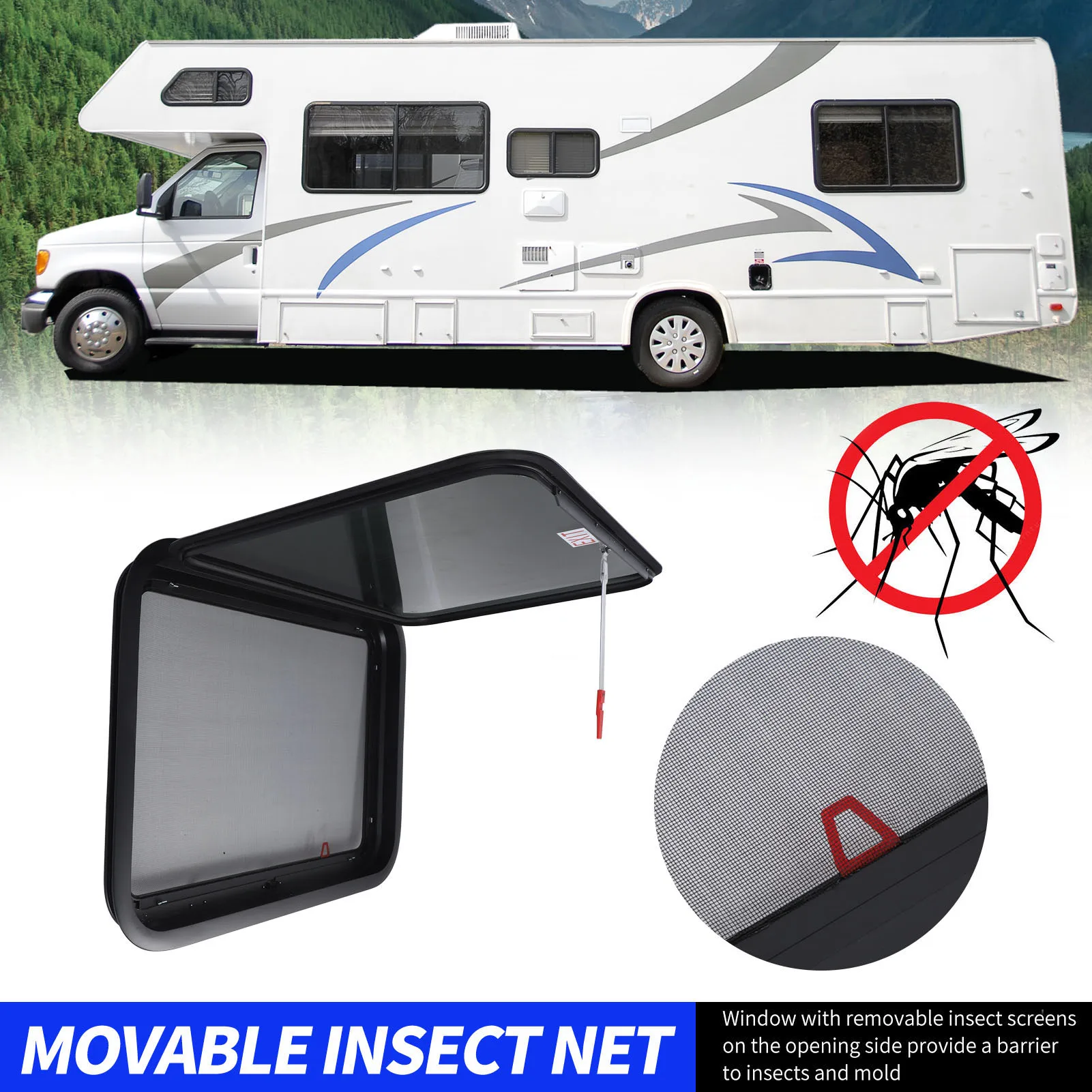 

RV Push Out Exit Window 810x605mm Emergency Window With Fly Net And Support Rod For Camper Trailer