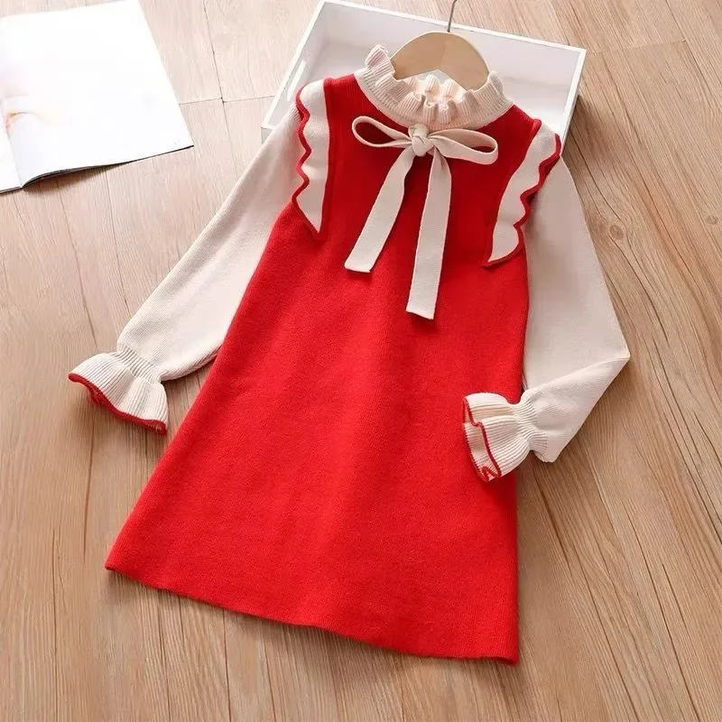 2025 Autumn winter Teenagers Girls Kids bowtie Knit Sweater Dresses Princess clothes new year christmas 4 5 6 7 8 9 10 11 year