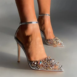 Gemstone Rivet Stiletto Sandals for Women Pointed Toe Buckle Strap Baotou Pvc Transparent High Heels Luxury Wedding Shoes Lady