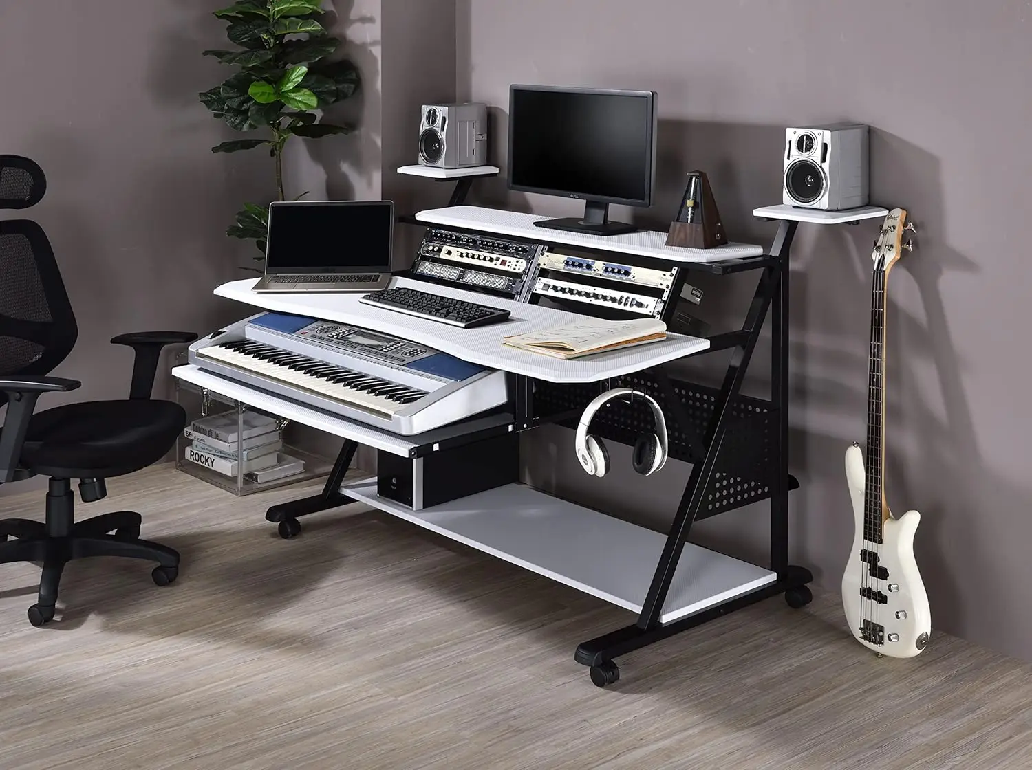 Furniture Rectangular Music Desk Table with Wheels, White and Black