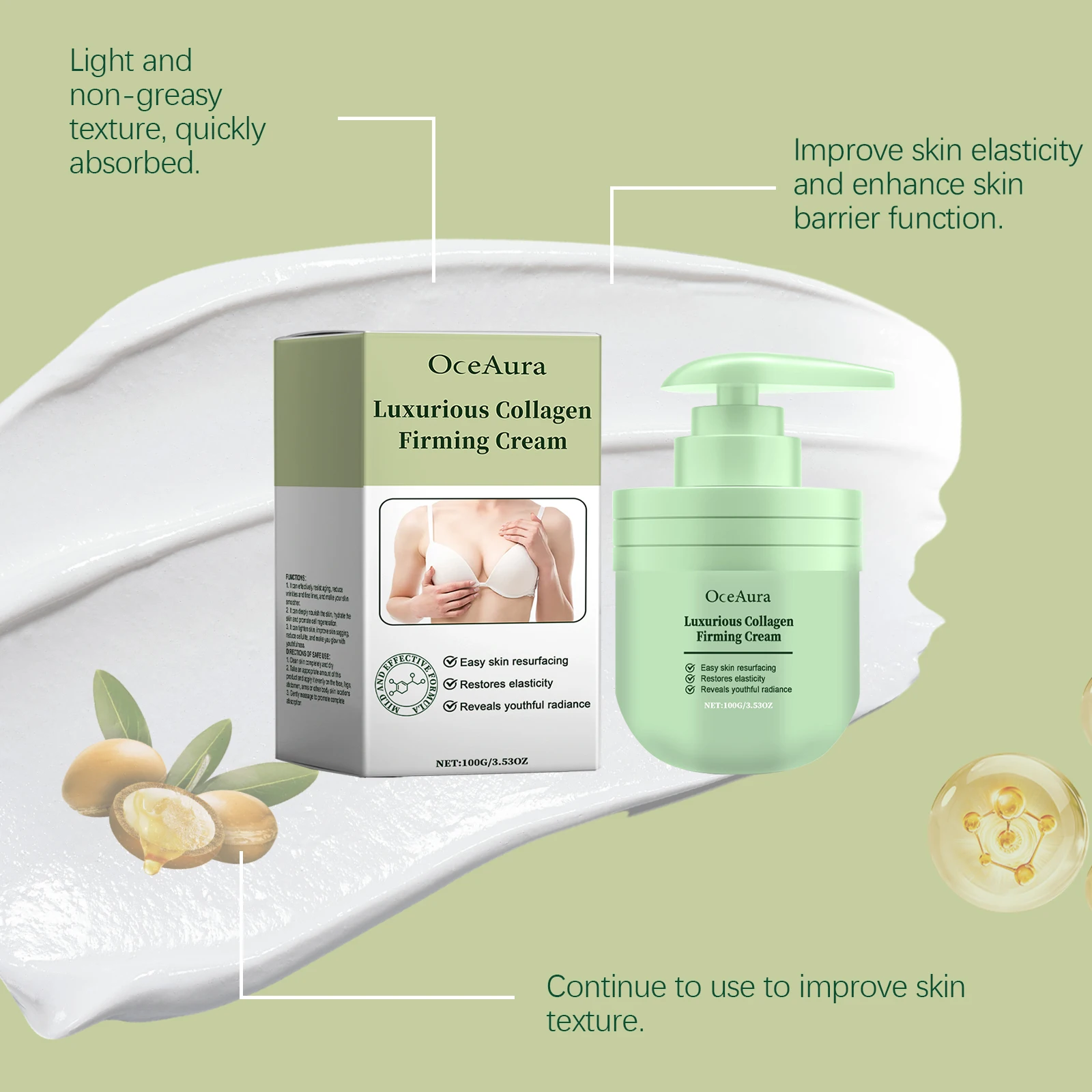 Krim Pengencang Kolagen OceAura Menghidrasi Kulit Lembut, Mengencangkan, Garis Pencerah, dan Krim Tubuh Peremajaan