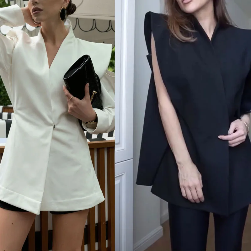 

Women Fashion Commuting Solid Outwear Autumn Elegant V-neck Pads Shoulder Coat Winter Casual All Match Full Sleeve Blazer Jacket