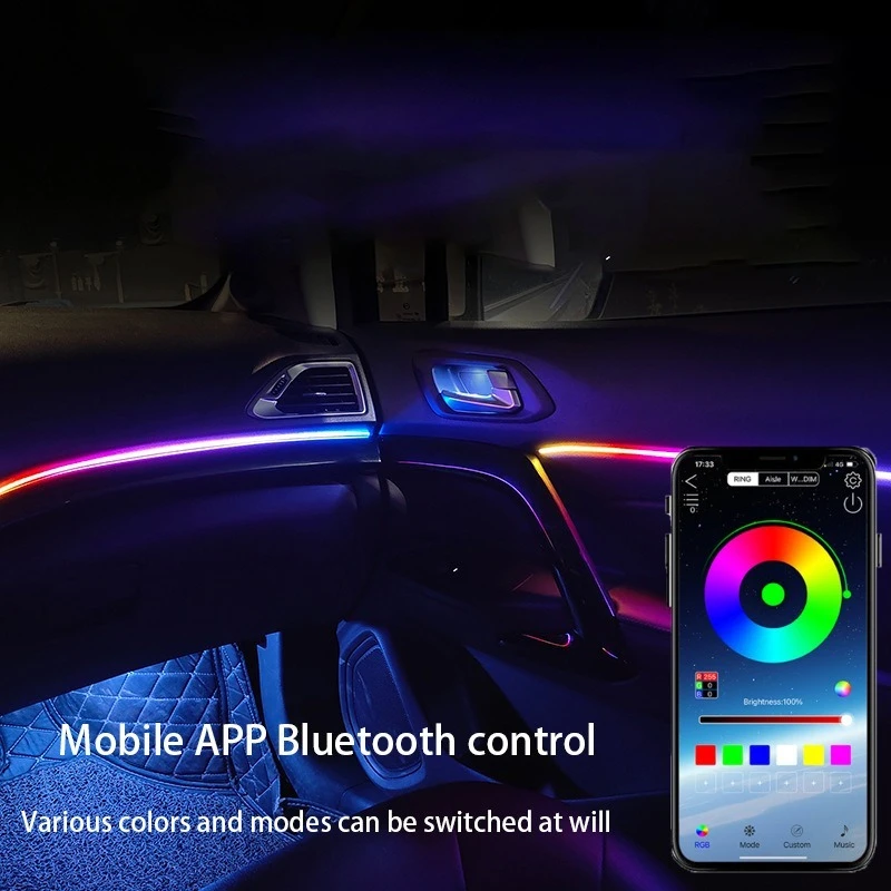 Car LED Ambient Light 64 Color Acrylic Strips 110cm Full Colors RGB Car Interior Hidden App Remote Control Atmosphere Lamp