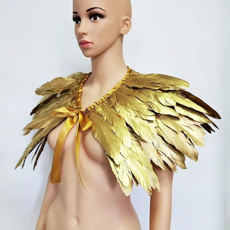 2026 Gothic Victorian Shrug Shawls Golden Fake Collar Goose Feather Shoulder Wrap Cape Ribbon Trims Cosplay Part - view 2