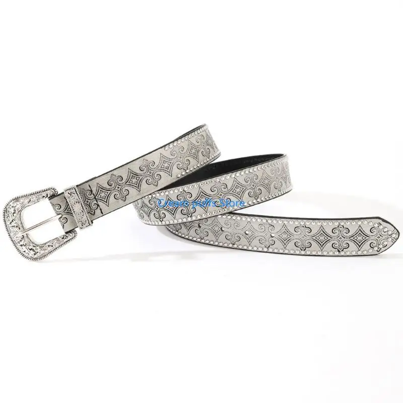 50LE Western PU Belt with Embossed Pattern, Large Engraved Pin Closure and Everyday Street Outfit Accent Appeal for Adults