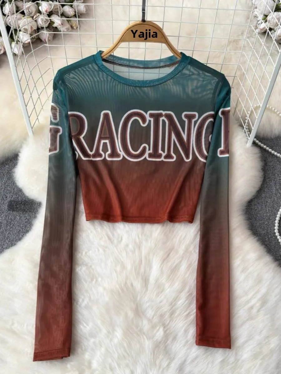 

Chic Printed Tulle T Shirt Women Summer Retro Long Sleeve Thin Tees Trendy Slim O-Neck Short Tops