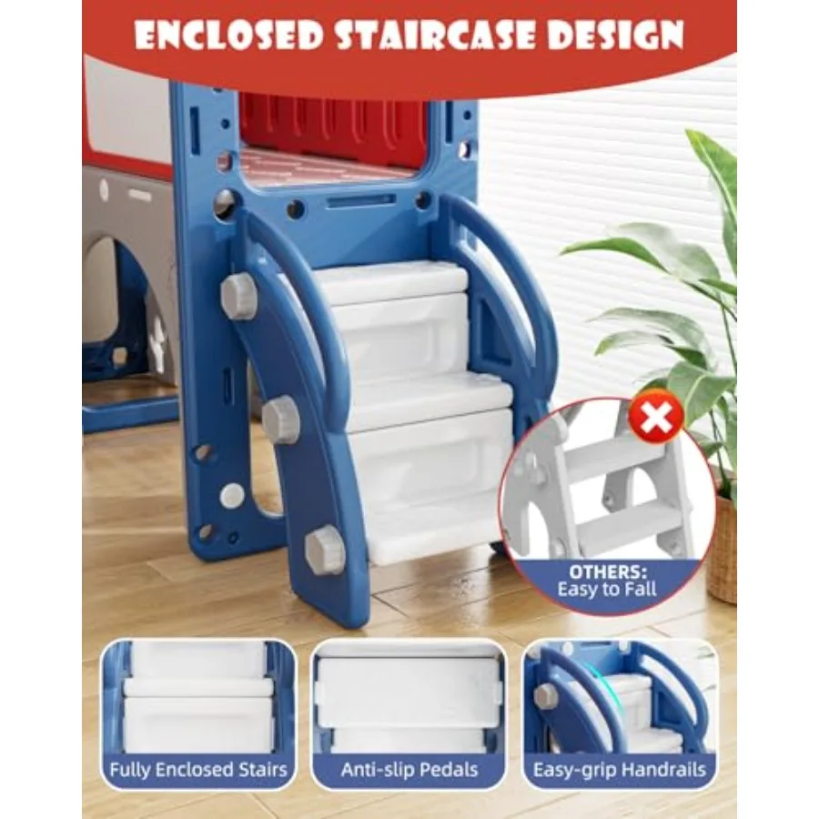 สไลเดอร์ 12 in 1 สำหรับเด็กเล็ก ชุดของเล่นในร่มและกลางแจ้ง พร้อมกระดานวาดภาพ สนามกอล์ฟ ที่ปีนป่าย ห่วงบาสเก็ตบอล และพื้นที่เก็บของ สีน้ำเงินแดง