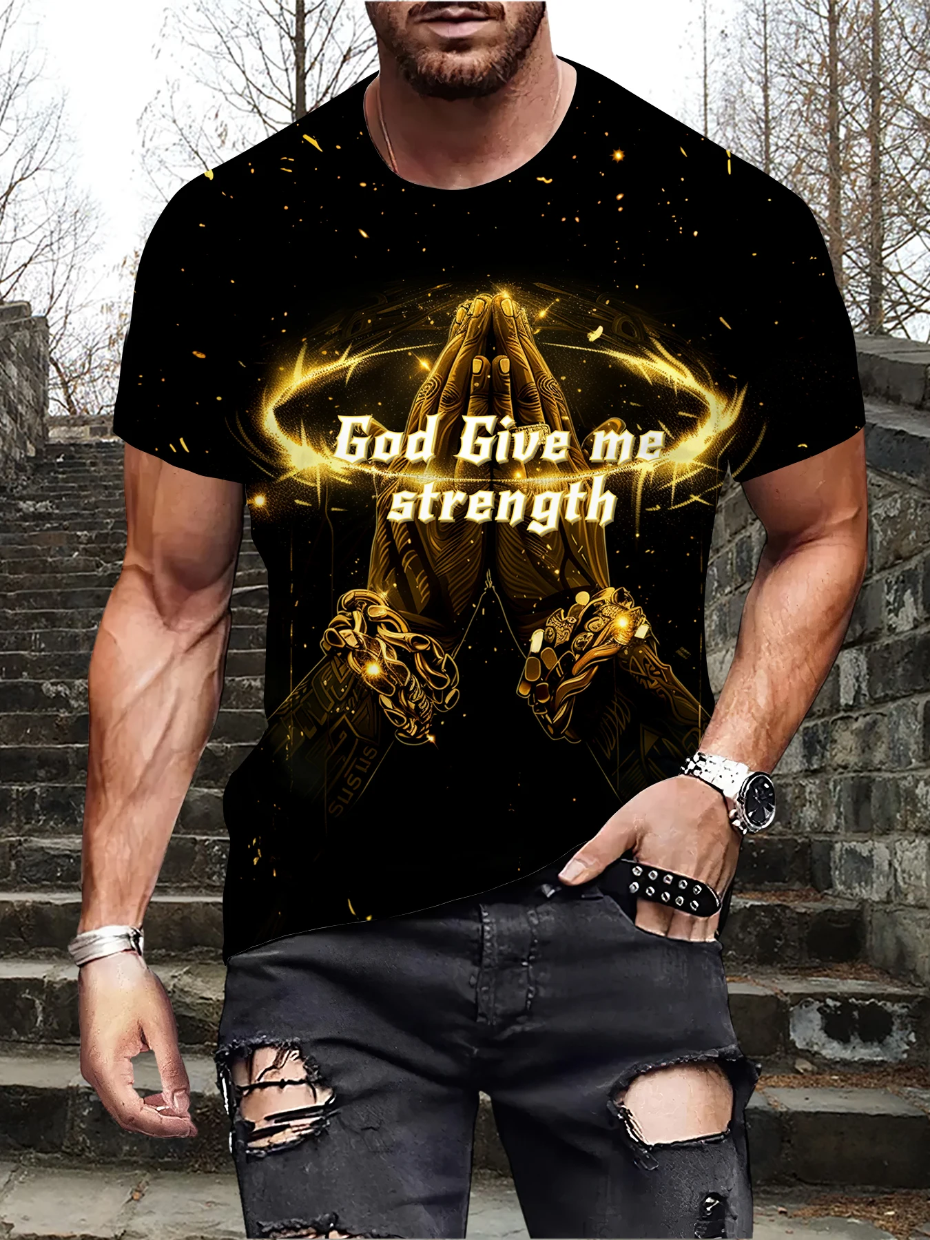 3D Digital Praying Hands And Golden Bracelets Pattern  Print Crew Neck And Short Sleeve T-shirt, Stylish And Trendy Summer Tops