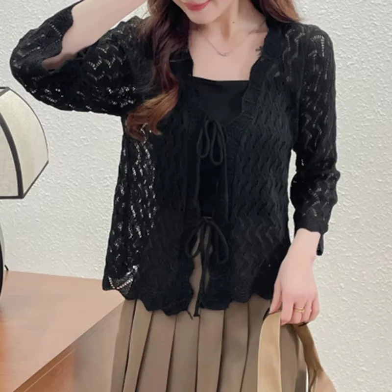 나비 넥타이 크로 셰 뜨개질 탑 여성 Pointelle 니트 플레어 슬리브 Sheer Openwork 카디건 자켓 봄 여름 Boho Vacation Beach Outfit