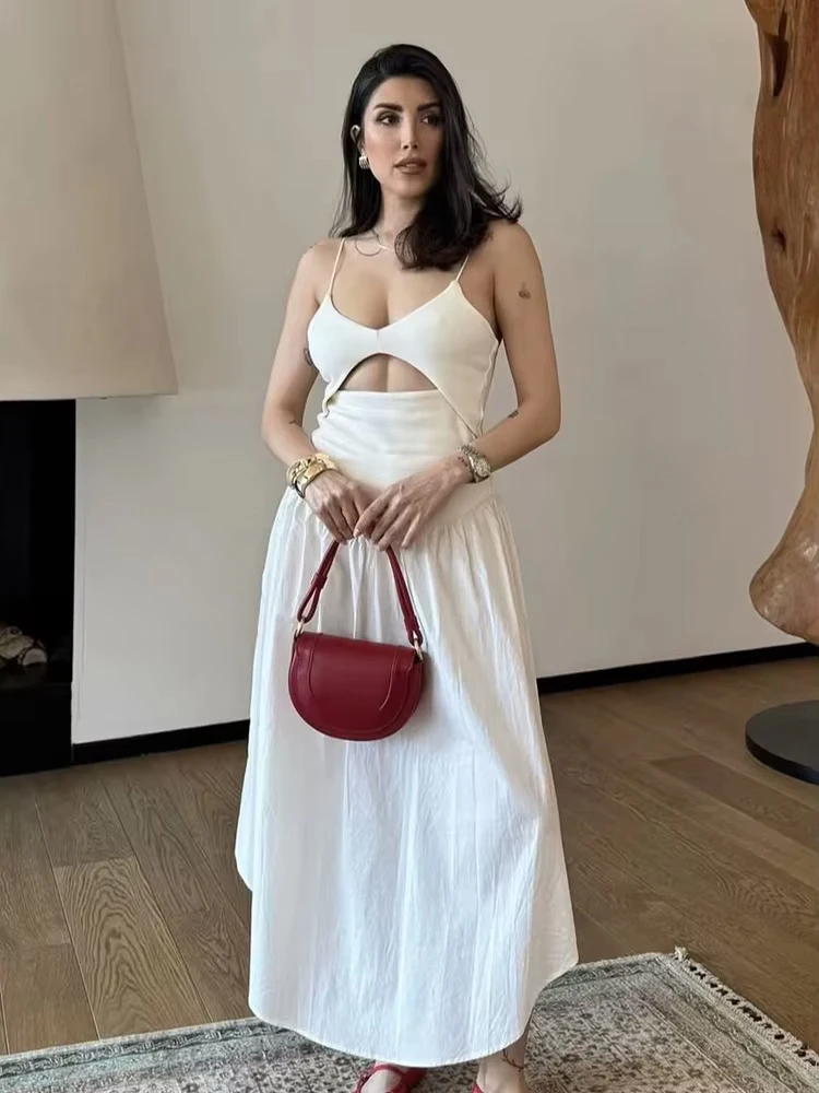 

HH Woman Summer Solid Fashion V-Neck Opening Design Midi Sleeveless Dress Female Sexy Backless Pleated Party Sling Dress