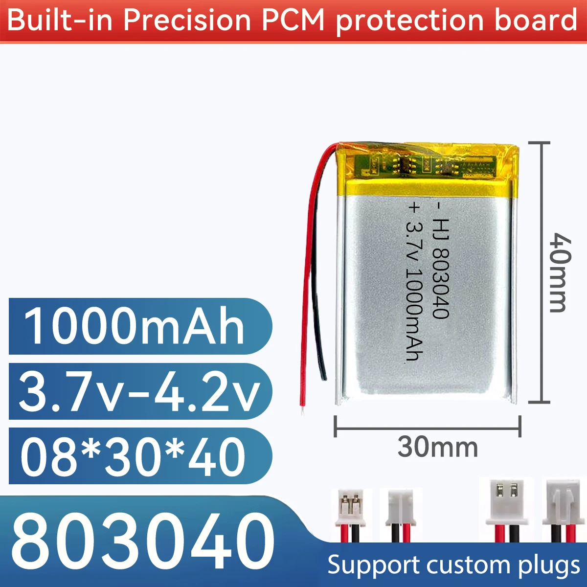 803040 3.7V 1000mAh Lithium Polymer Battery for MP3/4/5 DVD GPS VR DVR Player Navigator Speaker Electric 103040 603040 403040
