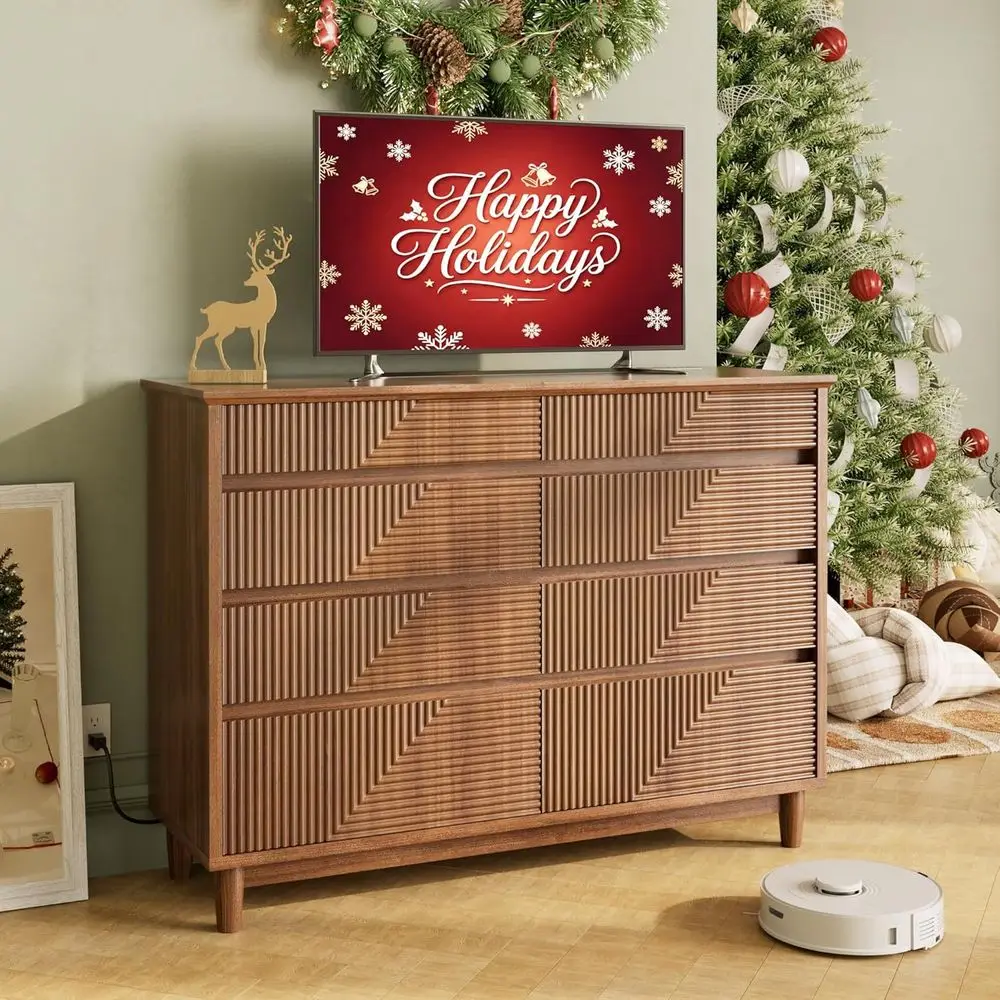 

8 Drawer Wide Wooden Chest with Built-in Charging Station, Anti-Tipping Feature, and Large Storage for Bedroom/Living Room (TV S