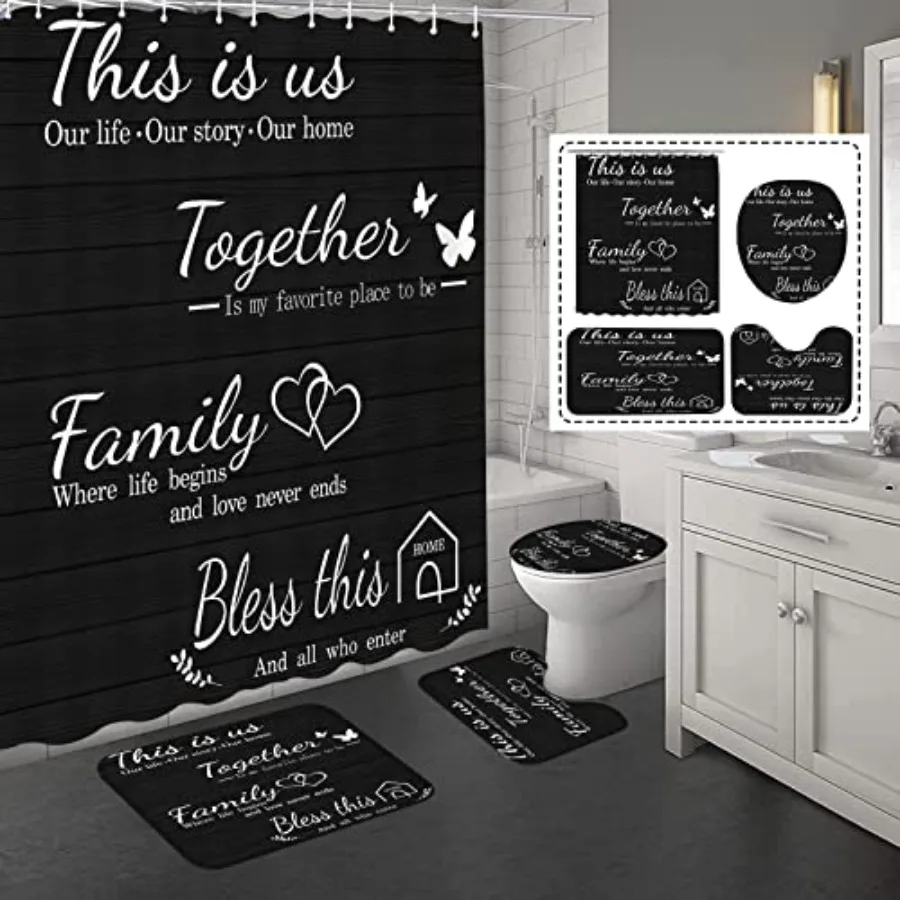 

4Pcs Family Shower Curtain Sets with Non-Slip Rugs Toilet Lid Cover and Bath Mat Black Home Bathroom Decor Set Accessories Wate