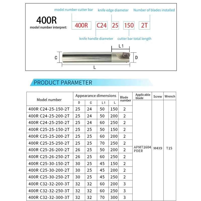 Fresa BAP400R 25mm-35mm lunghezza 150-250mm 2T 3T Portautensili per fresatura fresa frontale per inserto in metallo duro APMT1604 Set