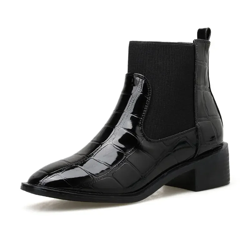 Women Round Toe Block Low Heel Chelsea Boots Black Slip On Patent Leather Ankle Boots Comfortable Non-slip Shoes