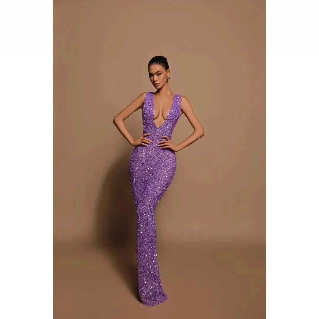 カスタマイズされたパープルスパンコールスパゲッティストラッププロムドレス特別な機会のためのドレスフロアレングスイブニングドレス