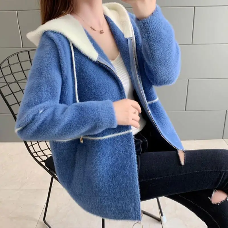 Casual Hooded Imitation Mink Velvet Cardigan Women Korean Fashion Loose Sweater Jacket Fall Soft Long Sleeve Knitted Coat U795