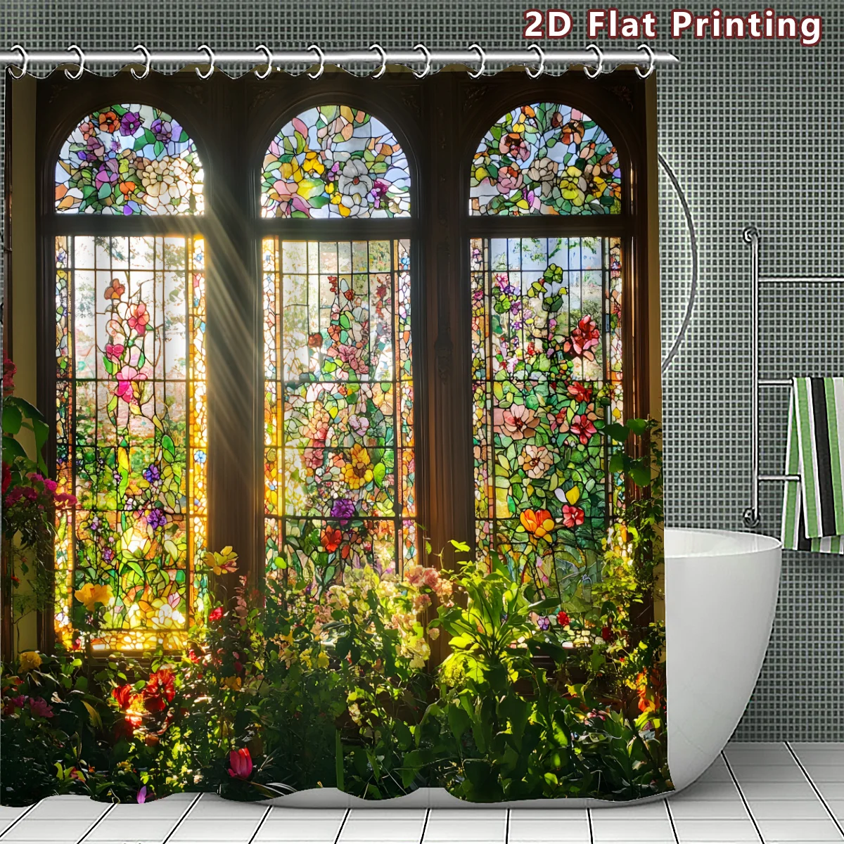 2D Flat, 1pc 2D Stained - Glass Floral Shower Curtain, Bathroom Decor, Multi - Size Options (120x180cm, 150x180cm, 180x180cm, 18