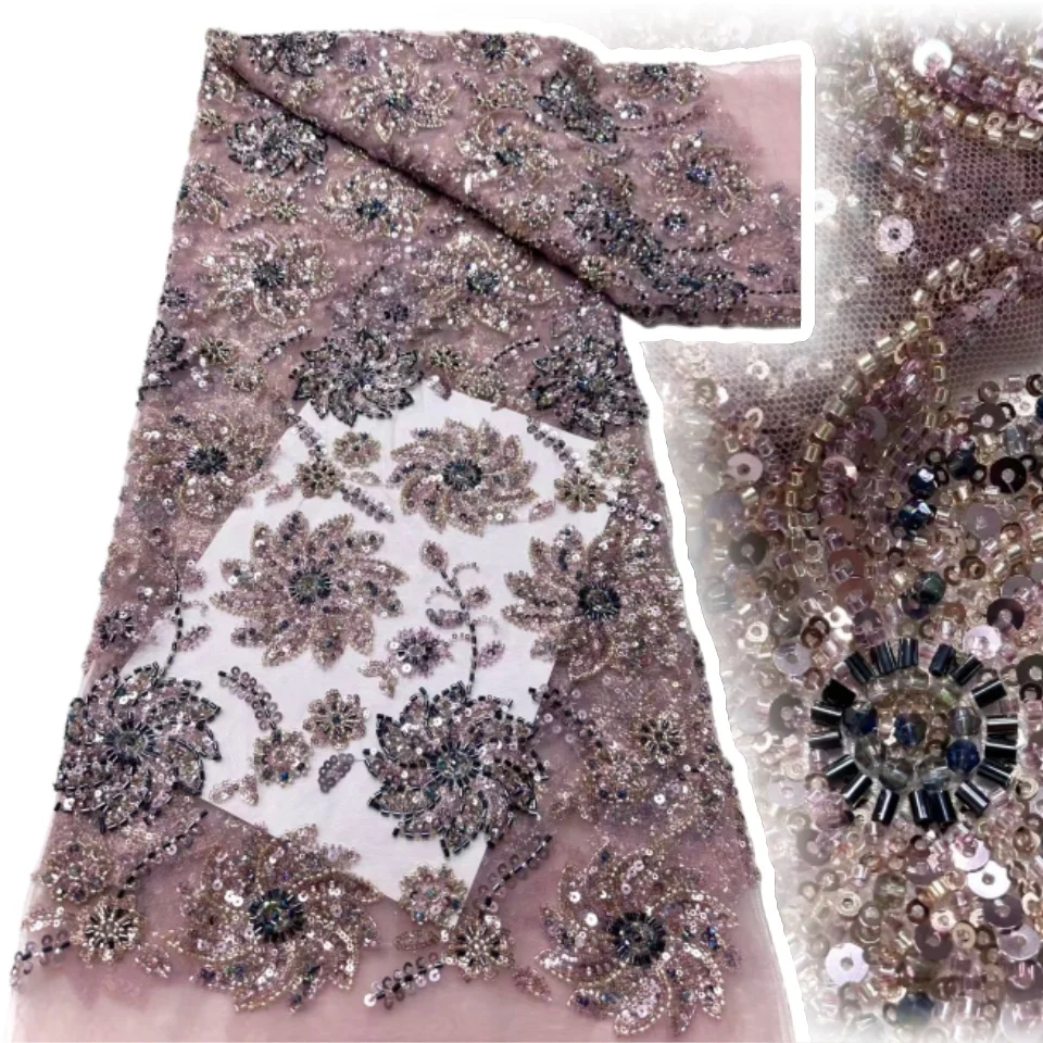 

Delicate Eligant Heavy Beads Lace Fabric High Quality 2025 Embroiderd Sequins Tulle Lace Fabric for Wedding Evening Dress AH1704