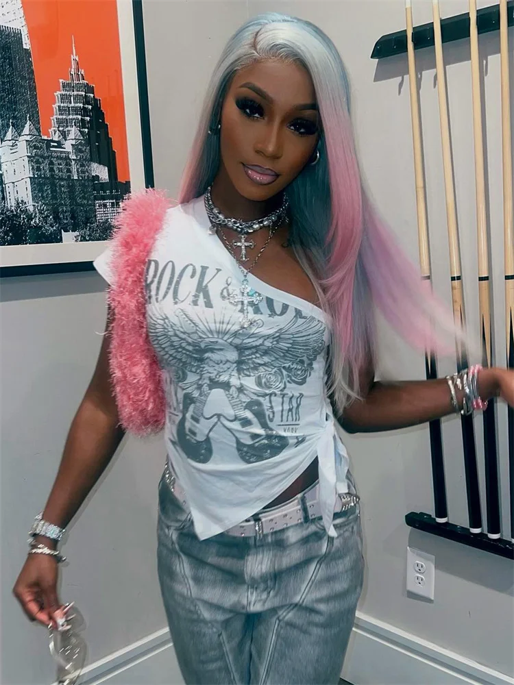 Simenual شيك قطري طوق قصيرة الأكمام تي شيرت عادية الشرير غير النظامية هيم ضمادة المرأة بلوزة Y2K الشارع الشهير المطبوعة القمم