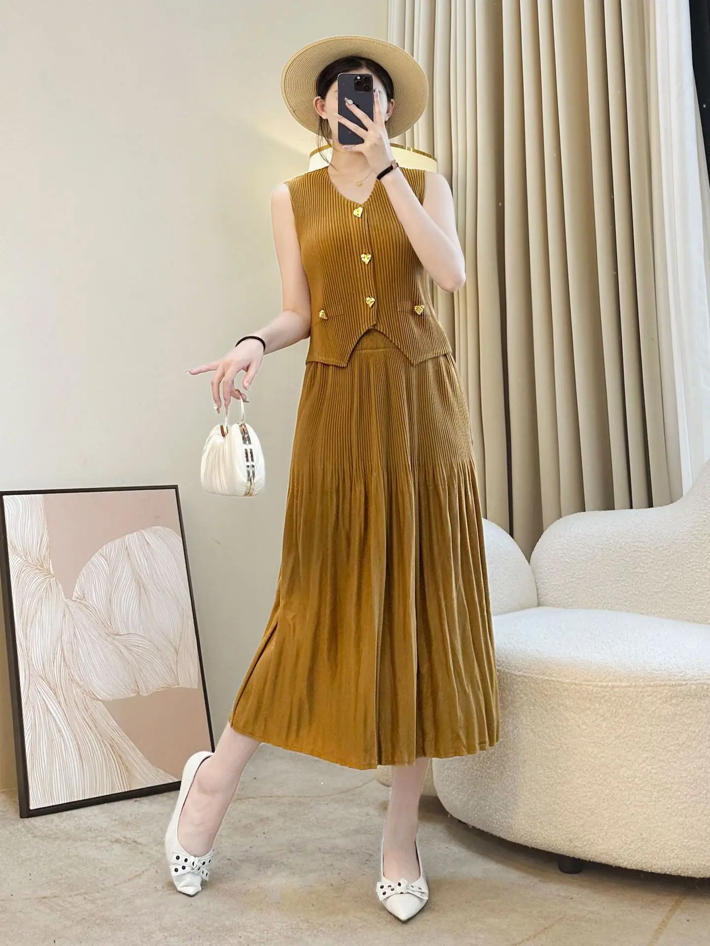 Perfect for Parties & Casual Days! Golden Corduroy Two - piece Set, Stylish & Comfortable, Women's Casual Pleated Set
