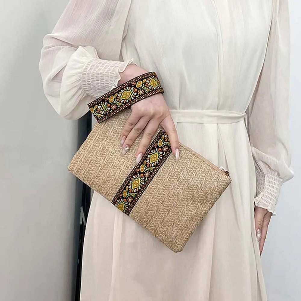 

Versatile Straw Weaving Wallet Retro Large Capacity Ethnic Style Woven Handbag Khaki Multi-function Female Phone Organizer