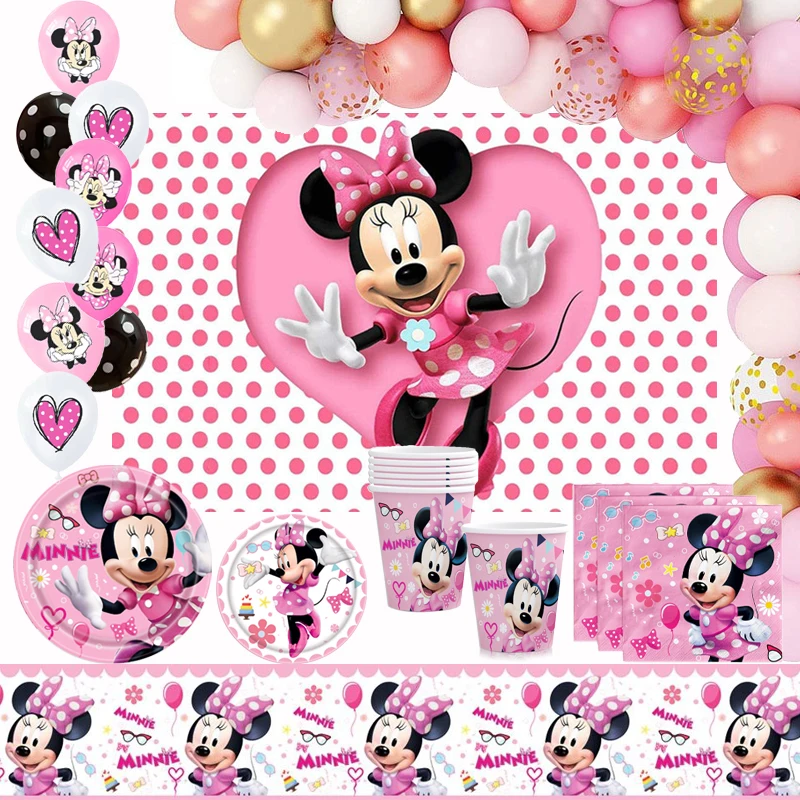 

Disney Minnie Mouse Theme Party Supplies Paper Plate Cup Tabelcloth Girl Baby Shower Party Decoration Disposable Tableware