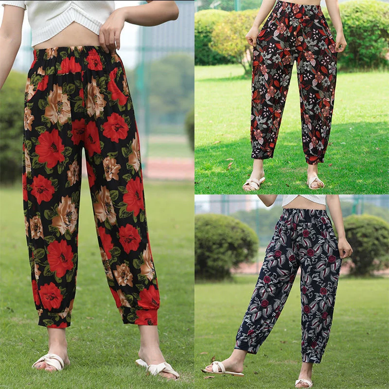 Middle Aged Women Loose Thin Floral Print Trousers XL-5XL Spring Summer Casual Elastic High Waist Harem Pants