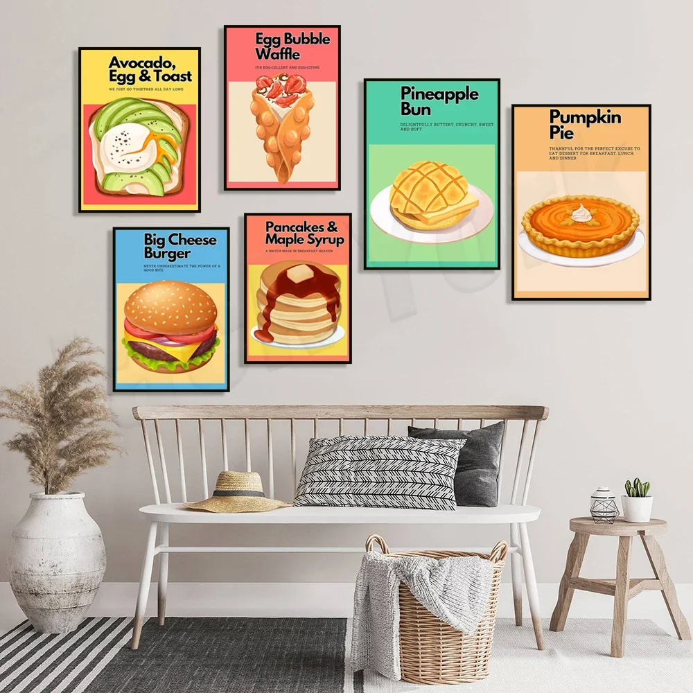 Healthy avocado eggs and toast, big cheeseburger, pineapple buns, pumpkin pie, strawberries and cream waffles, kitchen poster