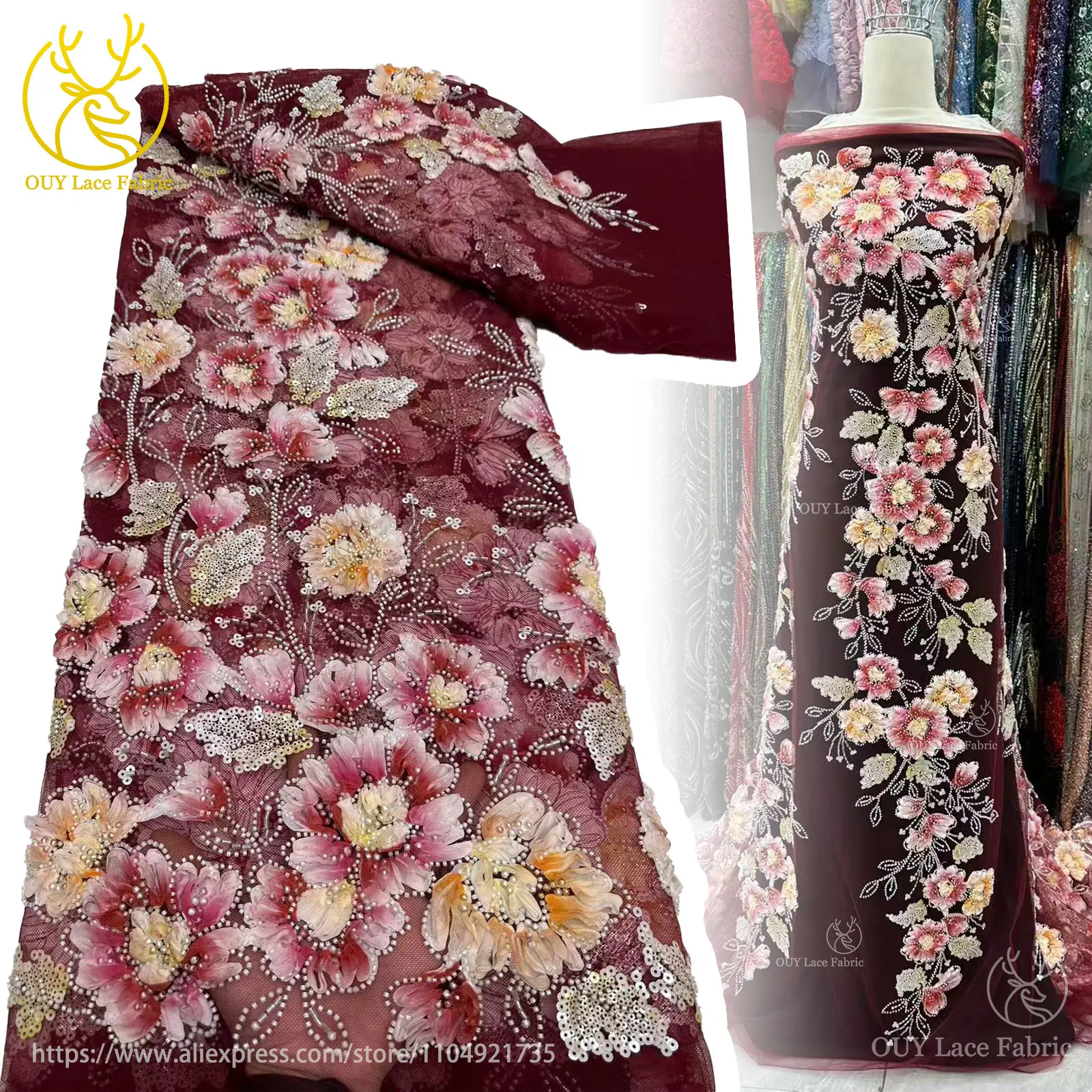 

Африканская 3D кружевная ткань с цветочным принтом, 2025 г., элегантная французская сетчатая кружевная ткань с бисером, нигерийская кружевная ткань с блестками для женских свадебных платьев