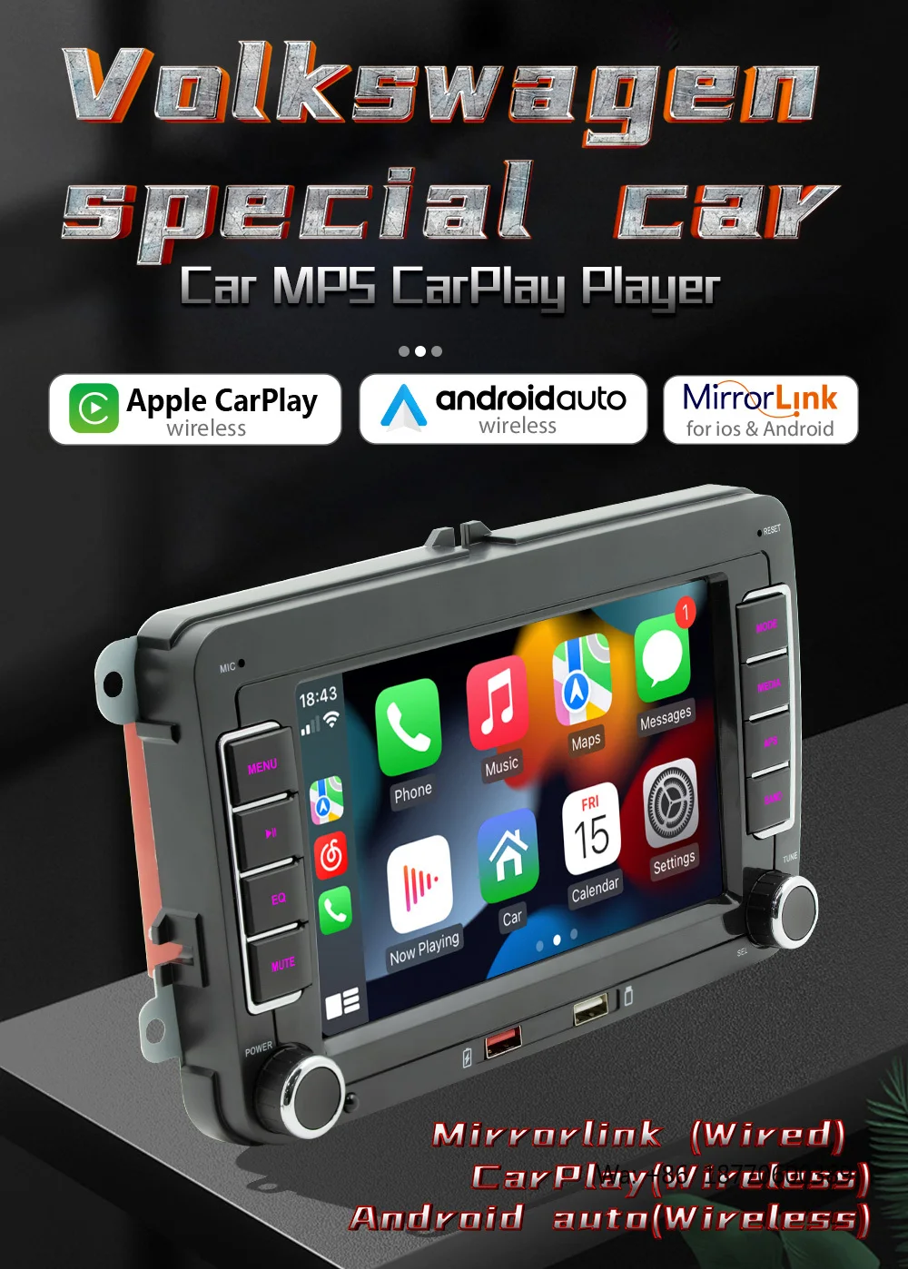 

BQCC 7" Car Media Video RDS Airplay Car Radio Wireless CarPlay Stereo Audio for Vol/Seat/Skoda/Passat/Golf/Polo F9070
