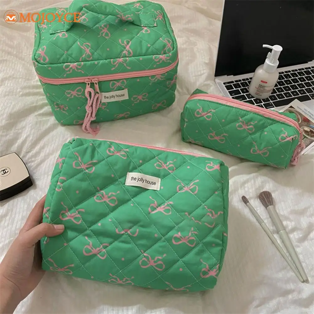 3Pcs Quilted Makeup Bag Bow Aesthetic Cosmetic Bag Women Large Capacity Toiletry Bag Cotton Portable Travel Skincare Storage Bag