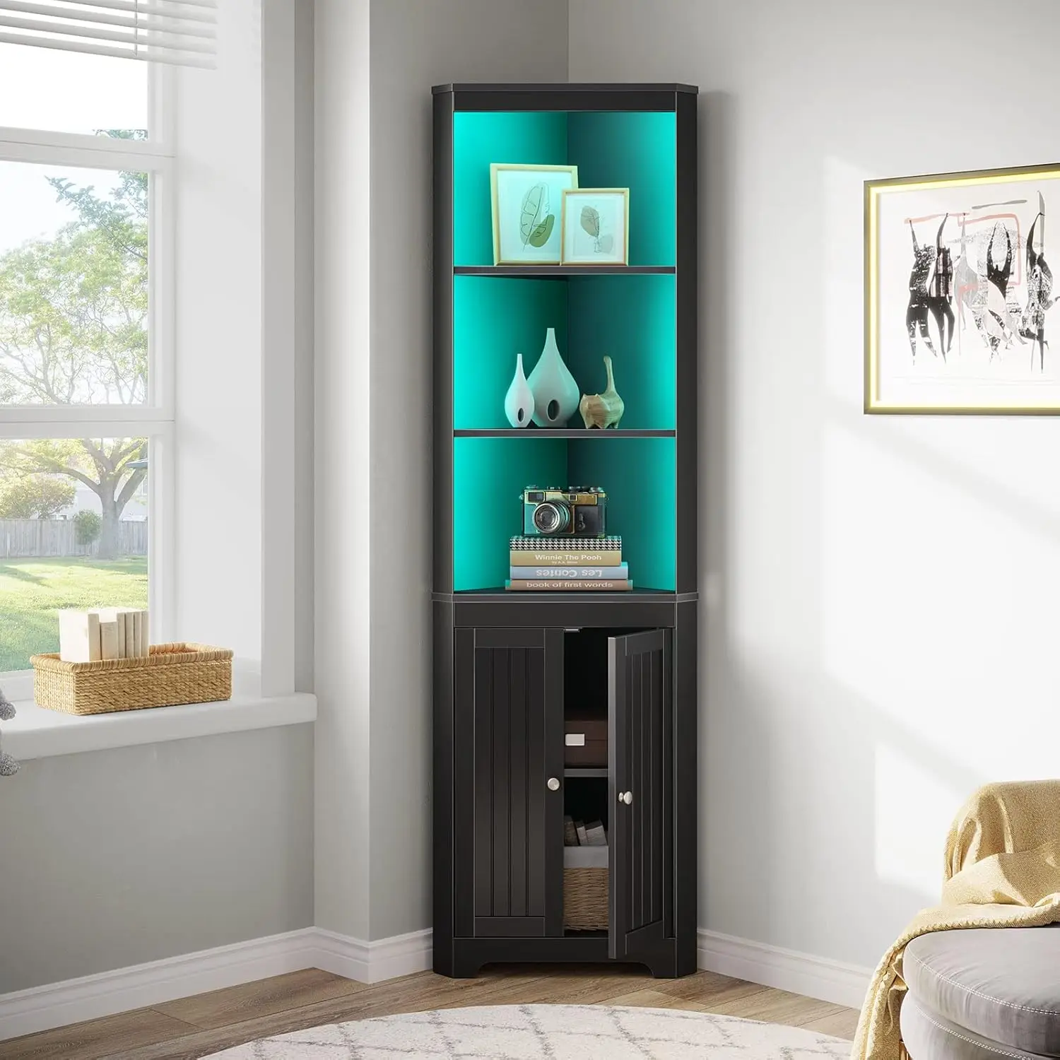 Corner Shelf w/LED Light, 5-Tier Storage Cabinet w/Doors, Tall Corner Bookshelf Corner Stand for Living Room,Bar, Small Space