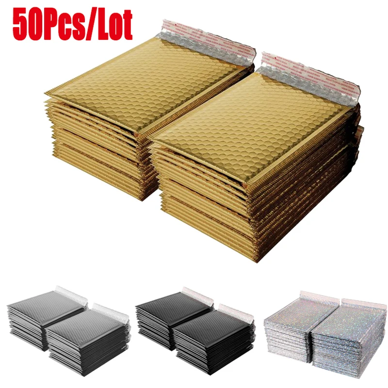 50 pçs/lote envelope de espuma auto selo mailers acolchoados envio envelopes com bolha saco postal pacotes preto ouro prata