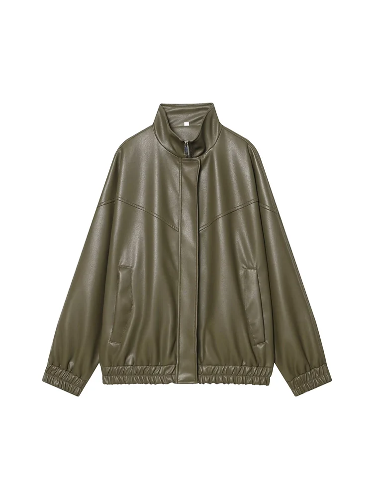 سترة جلدية شتوية بياقة واقفة للنساء كاجوال بأكمام كاملة وسحاب بلون سادة معطف قصير فضفاض للسيدات ملابس خروج عصرية