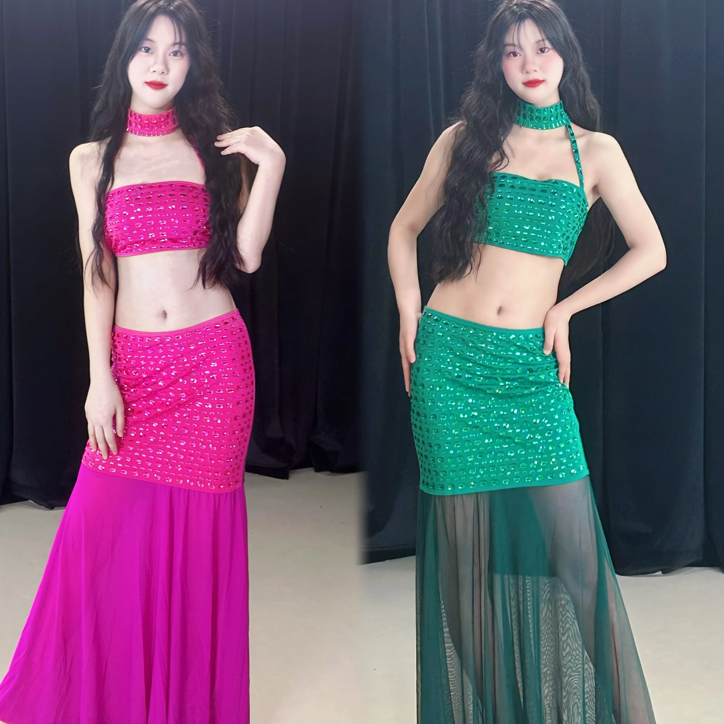 新しいベリーダンスパフォーマンス衣装高度な高級フルダイヤモンドセット大人女性のオリエンタルダンス競技服