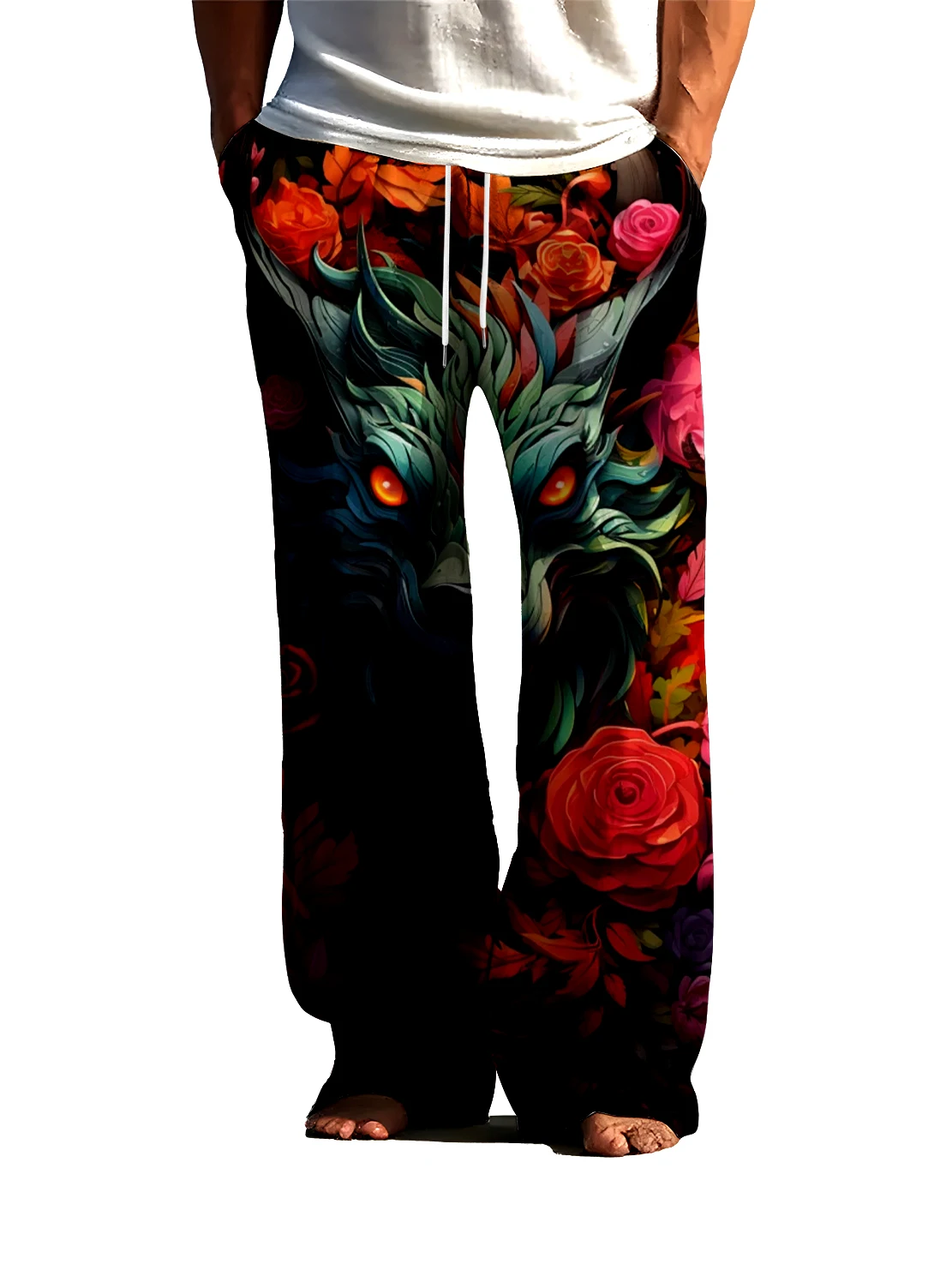 

Мужские повседневные брюки с 3D цифровым принтом волка и розы в уличном тренде, свободные и удобные мужские широкие брюки.
