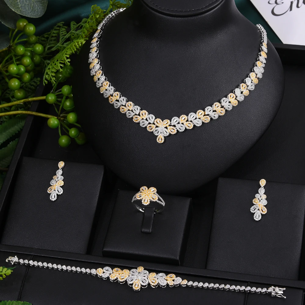 

Siscathy New Fashion Luxurious Zircon Wedding Jewelry Set For Women Necklace Party Dinner Dress Jewelry Earrings Rings 4pcs/set