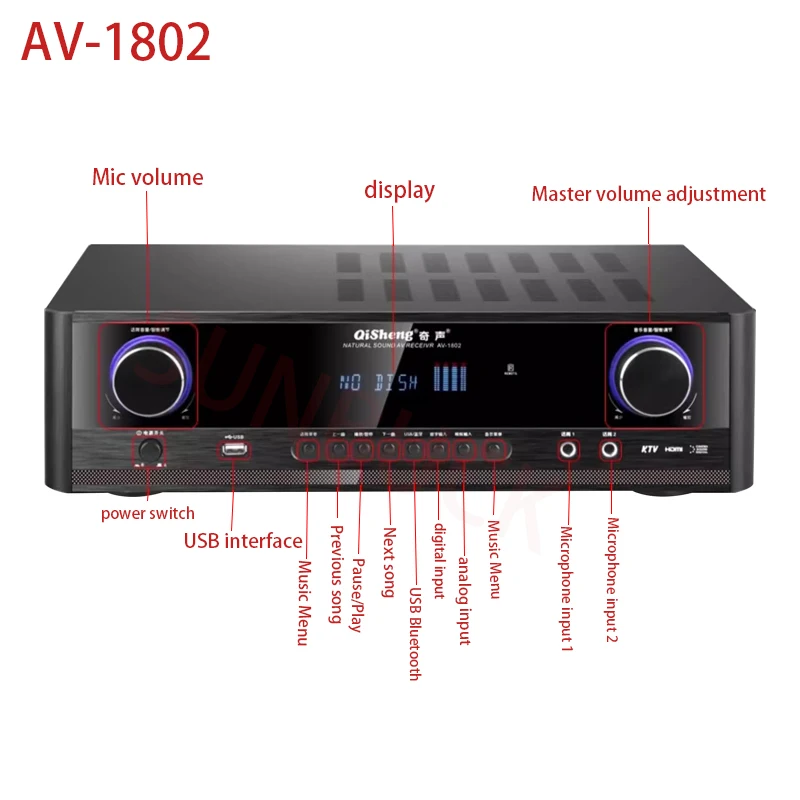 1200W Household High-Power Dolby 5.1 Channel High-Definition Amplifier 5.0 Bluetooth Fiber Coaxial Subwoofer Amplifier Audio
