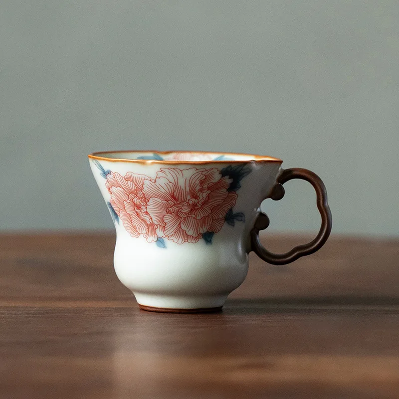 Neo-Chinese Ru Kiln Hibiscus Flower Gourd Handle Tea Cup Ceramic Kung Fu Single Master Cup Anti-Scald Home Cup