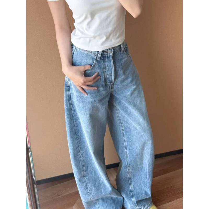 워시드 라이트 블루 아메리칸 레트로 데님 바지 여성용 여름 루즈 드레이피 와이드 레그 롱 바지 다목적 캐주얼 청바지