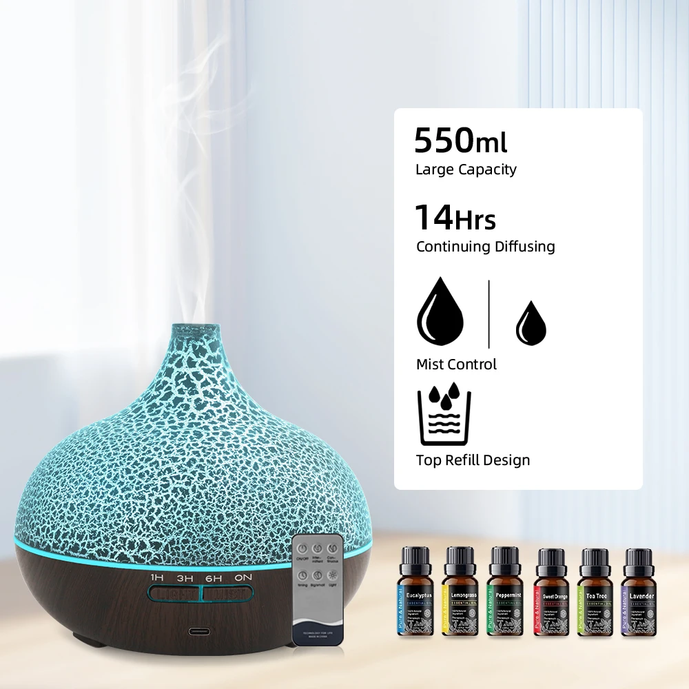 Diffusore e umidificatore per aromaterapia da 550 ml ad ultrasuoni, spegnimento automatico, silenzioso per casa e camera da letto