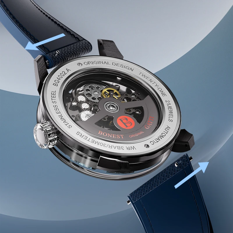BONEST GATTI Men Automatic Watch Mechanical Wristwatch Stainless Steel Case Luminous Sapphire Glass Rubber Strap Watch