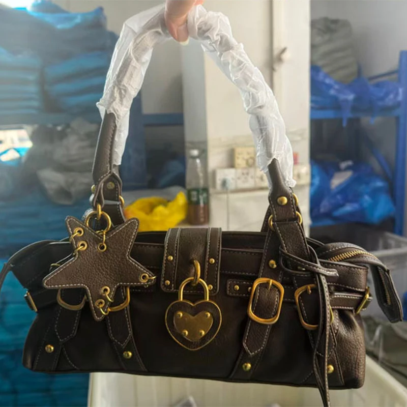 SHELKSBAG Women Vintage Y2K Handbag Heart Lock Star Charm Shoulder Bag PU Leather Rivet Buckle Design Daily Underarm Tote Purse view 6