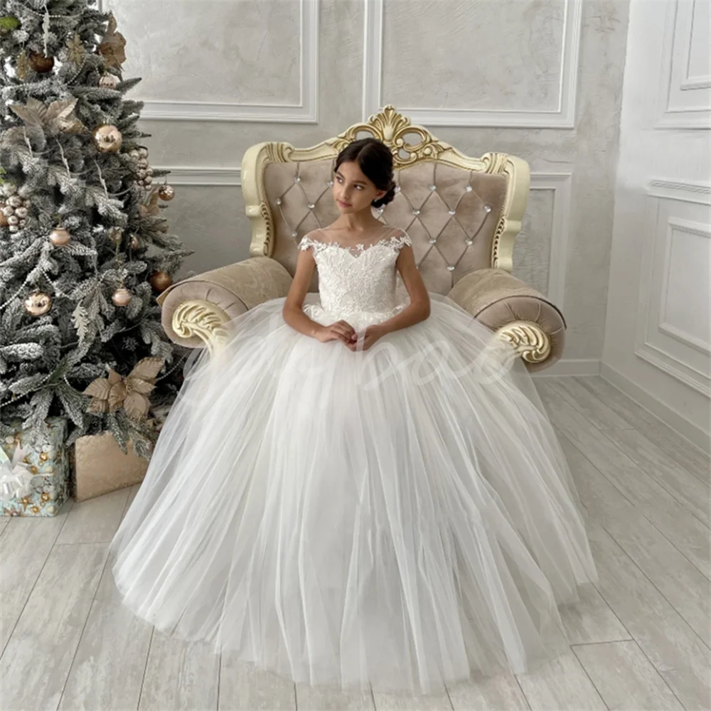 Robes de demoiselle d'honneur gonflées en tulle pour fête de mariage, robe de Rhen dentelle pour enfants, appliques de princesse, première communion, quoi que ce soit