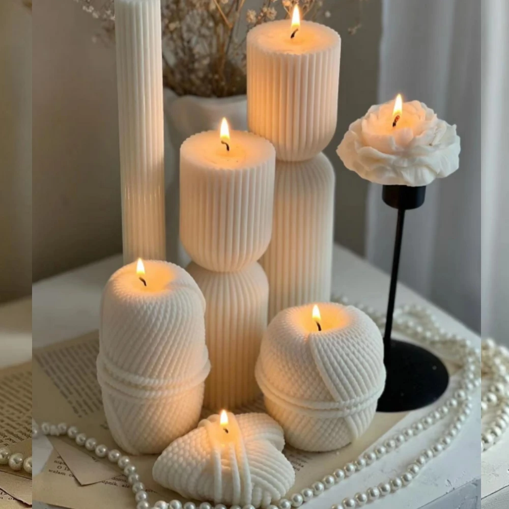 2024 DIY yarn ball candle silicone mold knitting yarn Heart candle mold yarn cylinder resin cement gypsum molds Christmas gift