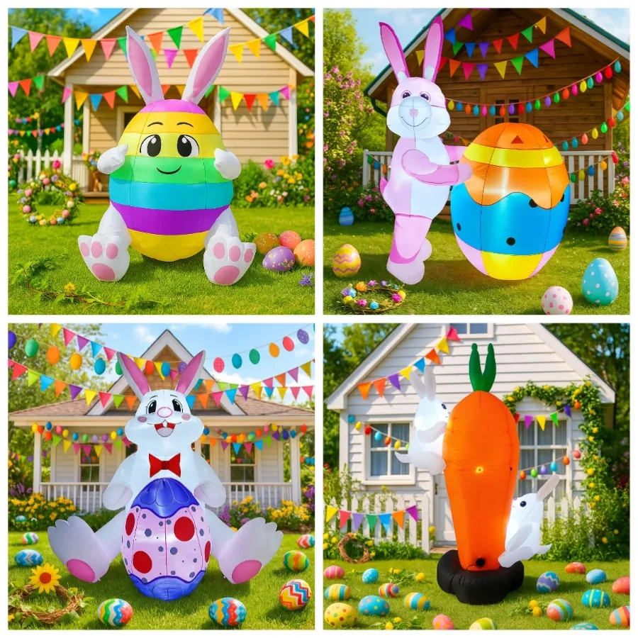 Easter Inflatable Toys Inflatable Rabbit Sitting on Mushroom with Built-in LED Light Blow Up Garden Yard Festive Party Decor