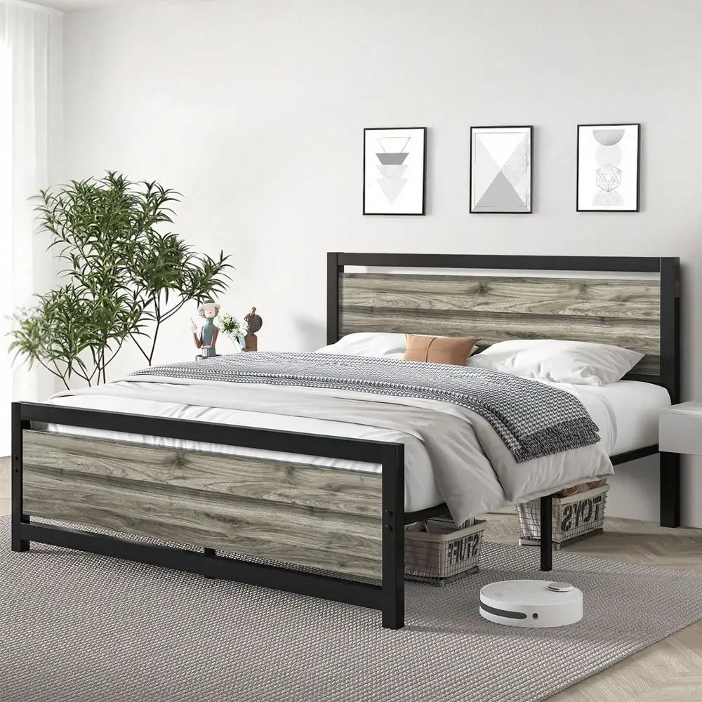 Twin Full Queen Metal Platform Bed Frame With Wooden Headboard And Footboard, 10.5 UnderBed Storage, AllMetal Support System, N